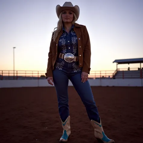 <lora:Buckle_Bunnies__Cowgirls:1>cgs, A confident cowgirl stands in the middle of a deserted rodeo arena at dusk, her silhouette outlined against the fading orange and purple hues of the sky. She wears a fitted denim jumpsuit with intricate silver embroide...