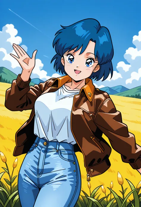 sr4_yuu, retro artstyle, blue eyes, blue hair, short hair, brown jacket, long sleeves, white shirt, pants, denim, <lora:SR4_yuu_illustrious_ver1:0.8> 
smile, medium breasts,, masterpiece, best quality, general,, 1girl, solo, (field:1.2), (blue sky:1.2), lo...