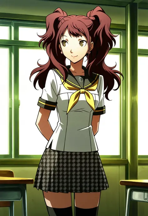 1 girl, solo, cute face,
p4rise, twintails, kujikawa rise, long hair, red hair, earrings, school uniform, serafuku, yasogami school uniform, skirt, brown eyes, houndstooth skirt, black thighhighs, zettai ryouiki,
looking at you, smile, arms behind back, th...