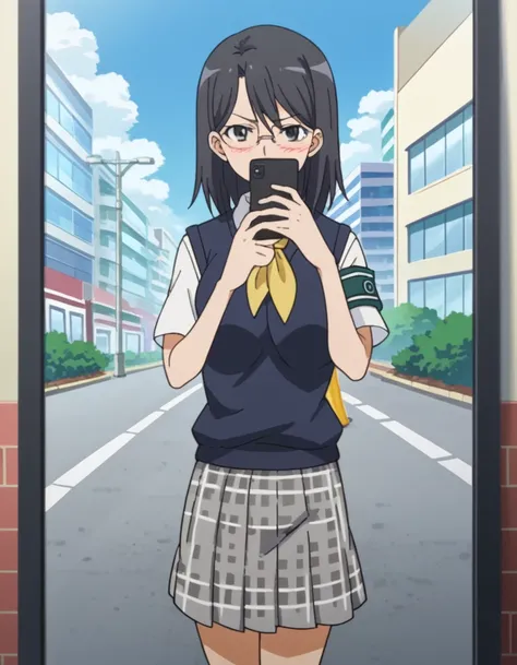 score_9, score_8_up, score_7_up, source_anime, <lora:mii-konori-s1-ponyxl-lora-nochekaiser:1>, mii konori, short hair, black hair, black eyes, glasses, hair between eyes, mature female, anime screencap,, skirt, school uniform, plaid skirt, armband, sweater...