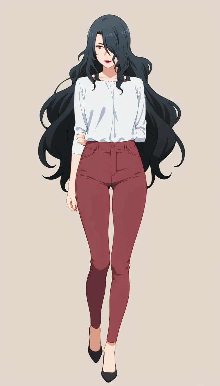 <lora:Takanashi_Shizuka:1>,black hair,long hair,hair over one eye,takanashi shizuka,brown eyes,lipstick,simple background,full body,pants,white shirt,, (masterpiece:0.2),(best quality:0.2),(amazing quality:0.2),