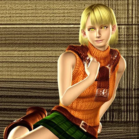 yellow eyes, brown belt, 1girl, long brown boots, green skirt, orange turtleneck sweater, exposed legs, Ashley, short blonde hair, bare shoulders, brown scarf