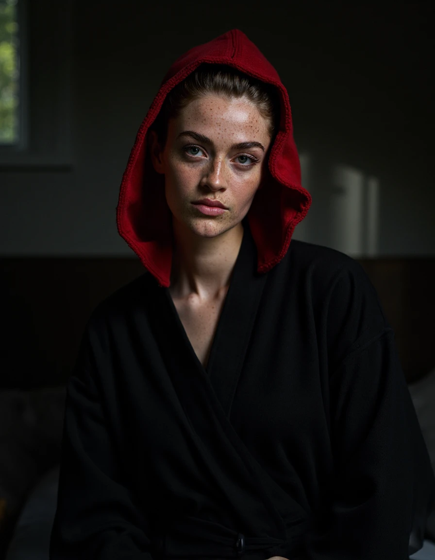 The image is a close-up shot of a womans face. She is wearing a black robe with a red hood covering her head. Her hair is pulled back in a bun and she is looking directly at the camera with a serious expression. The background is dark and blurry, but it ap...