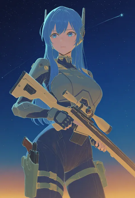 <lora:NeonMonochromeILXL:1> ne0n,
1girl, gun, weapon, rifle, science fiction, armor, long hair, holding gun, holding weapon, holding, solo, sniper rifle, blue hair, fingerless gloves, blue eyes, gloves, star, ((sky)), bodysuit, scope, holster, trigger disc...