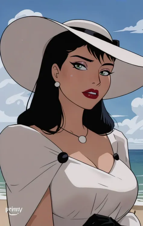 "0" :"c4t0m3n, 1girl, solo, black hair, gloves, hat, jewelry, green eyes, earrings, black gloves, necklace, makeup, white headwear, parody, lipstick, sun hat,lips, retro artstyle, style parody, anime coloring,((shinny skin,large breast 1:1.4,upper body,por...