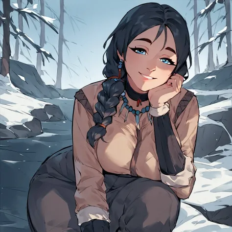 score_9, score_8_up, score_7_up, solo, 1girl, sitting,  looking at viewer, black hair, smile,   bead necklace, breast rest, braided ponytail, choker, Blue eyes, Outside Snow,