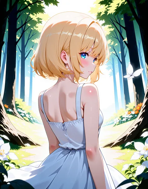 newest, scenery, (dappled sunlight:1.2), rim light, backlit, dramatic shadow, 1girl, blonde hair, blue eyes, shiny eyes, white dress, forest, flowers, white butterfly, masterpiece, best quality, ultra detailed, absurdres, high quality, amazing quality, per...