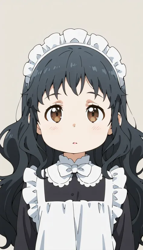 <lora:Takanashi_Shizuka:1>,black hair,long hair,brown eyes,aged down,simple background,maid headdress,