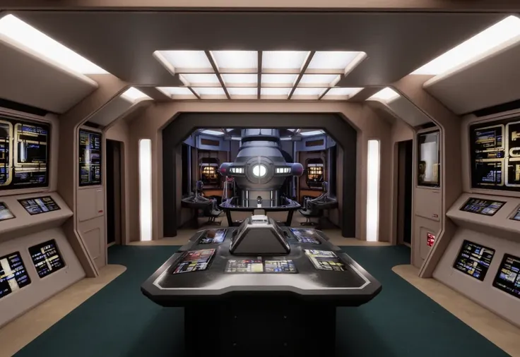 photo realistic, STTNGEngineering room interior, master situation table in foreground, warp core to the far end of the room, screens scattered around the room <lora:STTNGEngineering_Flux_v1:1.3>