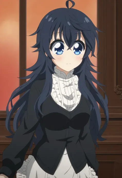 1girl, long hair, dark blue hair, blue eyes, big eyes, white blouse, ruffle on the blouse, black sweater, light skirt,