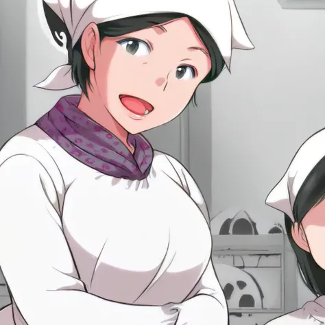 best quality, masterpiece, anime screencap, anime coloring, 1girl, solo, looking at viewer, 8oba, black hair, kappougi, open mouth, short hair, black eyes, multiple girls, 2girls, apron, smile, head scarf