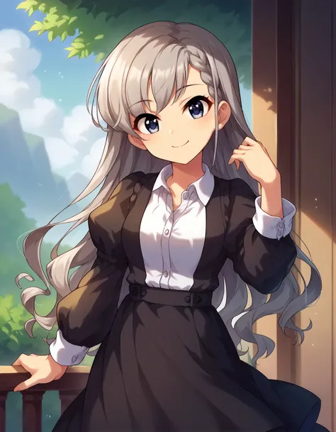 score_9,score_8_up,score_7_up,1girl,solo,cowboy shot,looking at viewer,smile,closed mouth,hand up,outdoors,
<lora:hisakawahayate_ponyXLV6:0.8>,cghh,
grey hair,braided bangs,long hair,blue eyes,
black dress,dress shirt,puffy sleeves,black skirt