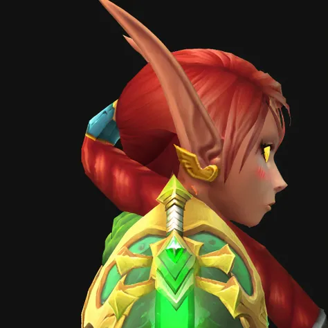 Lilverra,Blood Elf, Red hair,Long elven ears, long eyebrows, Long braided ponytail hair, tied ponytail resting on shoulder, glowing golden yellow eyes, Green scarf, Gold and green metal shoulderpads, Green crystal daggers ornaments on shoulderpads, gold ea...