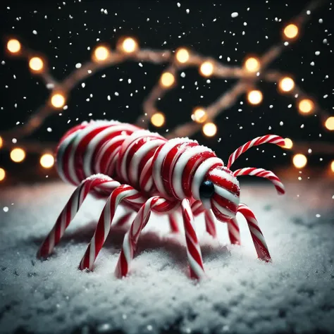 candy_style, made of candy cane, best quality, insect, tiny, christmas, dark, indoors, snow, garland,