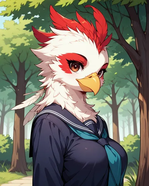 masterpiece, best quality, 1girl, solo, megafeathery, feathers, feathery, avian, beak,  furry chicken, chicken girl, school uniform,  solo, female, outdoors, trees, medium breasts, looking at viewer,    , <lora:Mega_Feathery_for_Illustrious_XL:0.8>