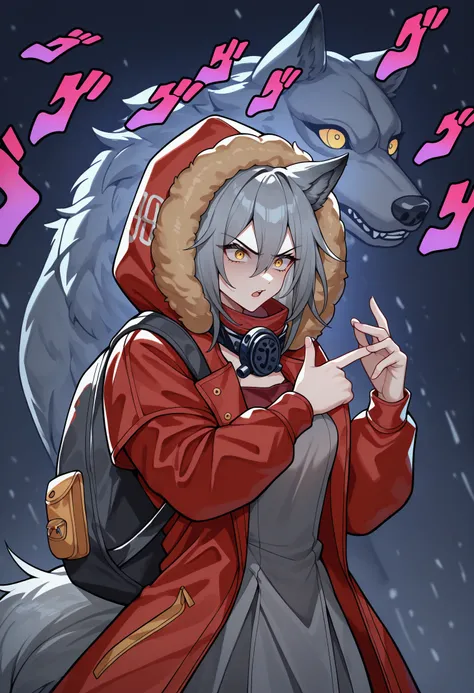 masterpiece, best quality, newest, absurdres, highres, 1girl, ProRedSwm, wolf ears, grey hair, hair between eyes, wolf tail, yellow eyes, wolf girl, <lora:ProjektRed_illusXLNoobAI_Incrs_v1:1>,
mask around neck, fur-trimmed hood, hood up, hooded jacket, duf...