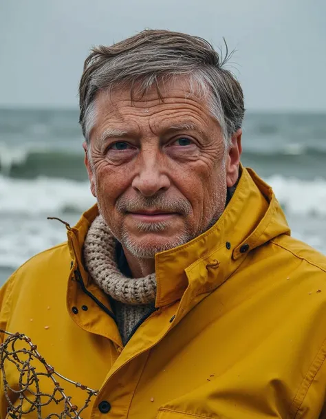 81ll64t35, A rugged, bearded middle-aged fisherman is captured in a striking upper-body portrait on the shoreline, his weathered face dominating the frame. Tanned and deeply lined from years spent braving the sea, his face reflects a life of hard work and ...