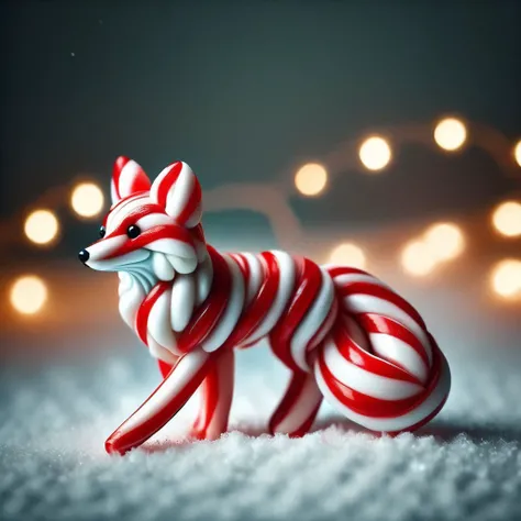 candy_style, made of candy cane, best quality, fox, tiny, cute, christmas night, winter, snow, garland, animal, walking, fox tail