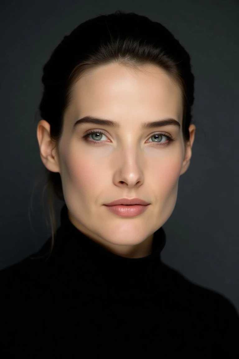 Create a close-up, high-fashion portrait of a woman with striking eyes and a calm, confident expression. Her hair is styled back in a sleek manner, revealing her facial features with clarity. She wears a sophisticated black high-collar outfit that exudes e...