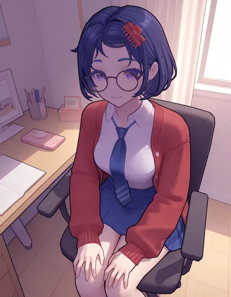 <lora:Mila_MISide:1>, MilaMS,round eyewear, indoors, sitting on chair, hands on legs, smile, red cardigan, 
masterpiece, high quality, best quality, highres, absurdres,