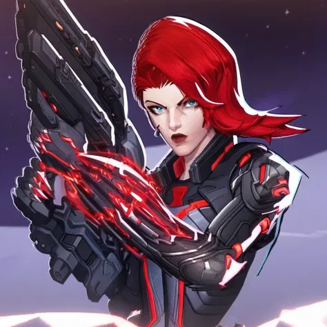 short red hair, black wrists gauntlets, holding gun, , blue eyes, 1girl, black and red gloves, long black high heel boots, parted hair, black bodysuit, Natasha, hair bang