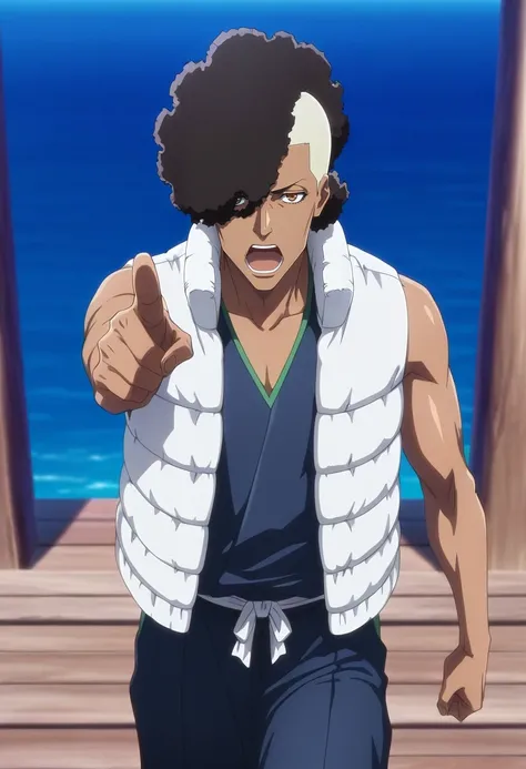 masterpiece, best quality, intricate details, anime screencap, , , looking at viewer, , 1boy, solo, male focus, <lora:ouetsu_nimaiya_ilxl:0.92>, ouetsu_nimaiya, black hair, brown eyes, afro, , vest, sleeveless, , cowboy shot, dock, midnight, pointing, open...