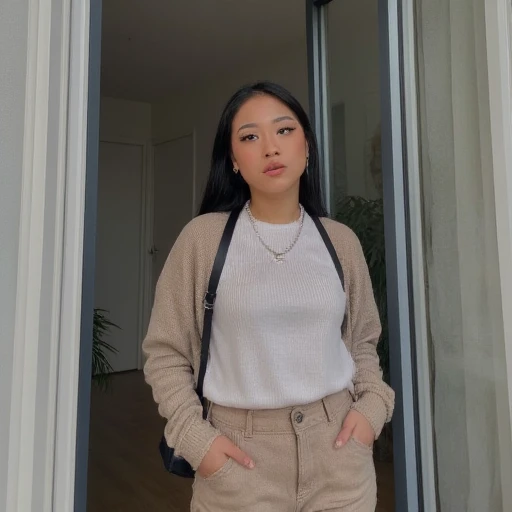 Lise chen. The image is a high-resolution photograph of an Asian woman standing indoors near a glass door or window. She has long, likely in a modern apartment. She has a light to medium skin tone and long, Lise chen. This is a high-resolution photograph o...