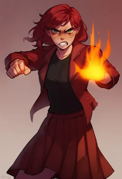 score_9, score_8_up, score_7_up, score_6_up, score_5_up, score_4_up, BREAK
1girl, solo, iris, red hair, freckles, green eyes, angry, skirt, fire in hands, full view, dynamic pose, black shirt, red jacket