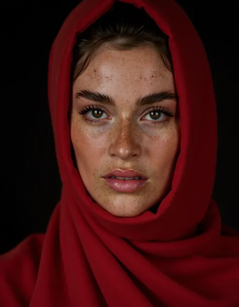 The image is a close-up of a womans face. She is wearing a red headscarf that covers her head and shoulders. Her hair is pulled back in a bun and she is looking directly at the camera with a serious expression. The background is dark and blurred, making th...