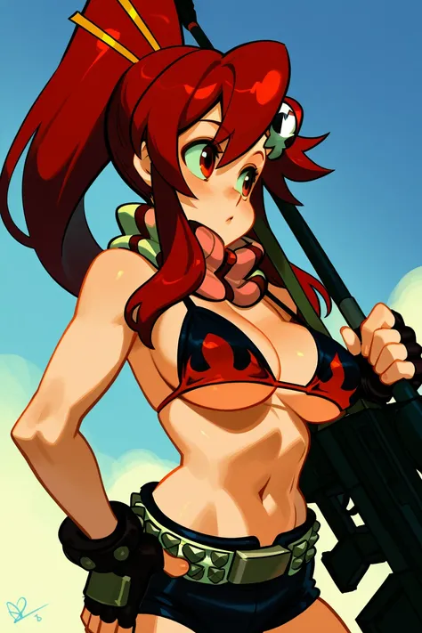 masterpiece, best quality, 1girl, solo, eyelashes, (beautiful eyes),    1girl, solo, long hair, breasts, large breasts, hair ornament, gloves, navel, swimsuit, ponytail, weapon, bikini, red hair, shorts, belt, fingerless gloves, scarf, gun, bikini top only...