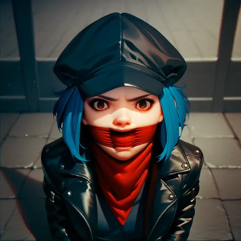 Score_9,  score_8_up,  score_7_up,  bandana gag, 1girl, solo, blue hair, cap, leather jacket, jacket, gag, brown eyes, looking at viewer, red bandana gag, mouth visible through gag, mouth wide open