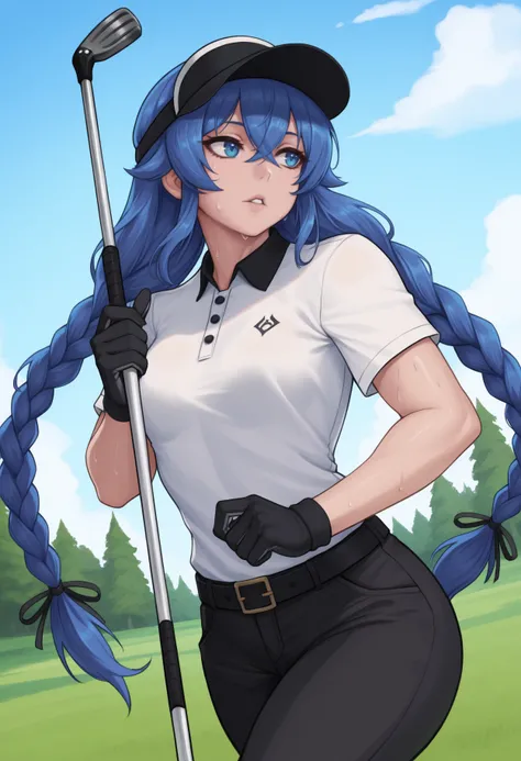 masterpiece, best quality, solo, 1girl, rxmg, sweat, parted lips, looking to the side, walking, holding golf club, blue hair, hair between eyes, crossed bangs, twin braids, hair ribbon, black ribbon, black headwear, visor cap, blue eyes, white shirt, polo ...