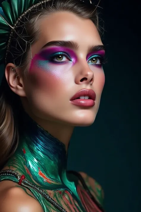 A striking portrait of a woman with avant-garde makeup and artistic body paint. Her face features bold, vibrant eyeshadow in shades of magenta and teal, with a shimmering metallic finish, extending dramatically to highlight her eyes. Her lips are painted a...