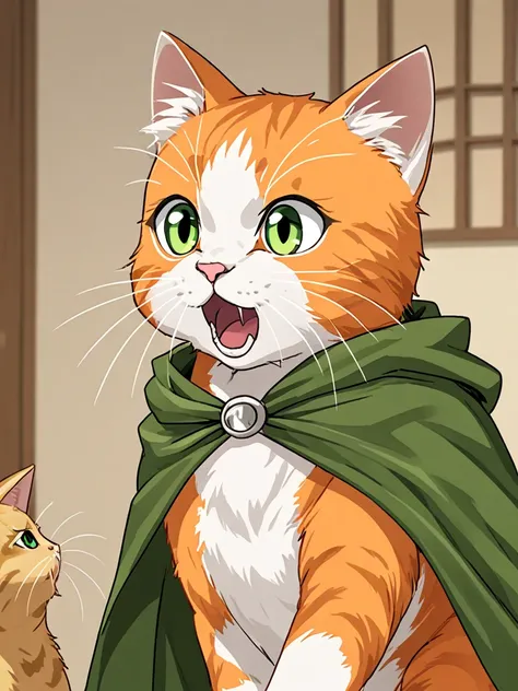 ,theo, ((cat)), orange fur, green eyes, green cloak, shocked,