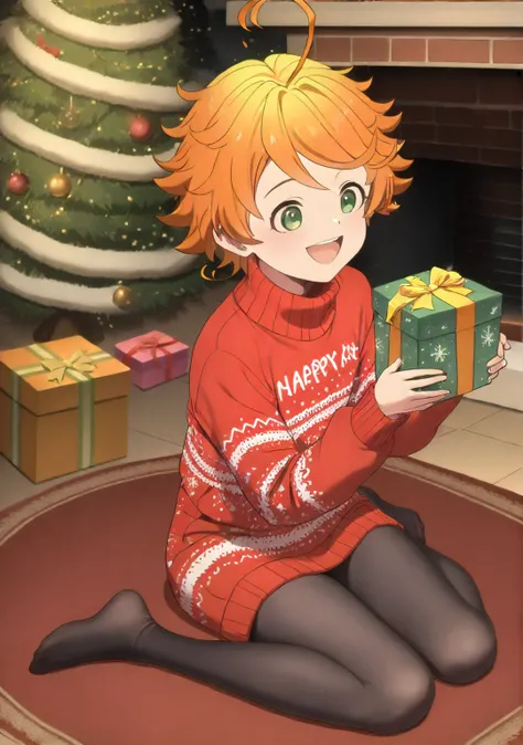 masterpiece, best quality, newest, absurdres, highres,  1girl, solo,  <lora:IlluEmma:1> illuemma, orange hair, short hair, ahoge, green eyes, turtleneck sweater, christmas sweater, christmas tree, happy, kneeling, wariza, black pantyhose, on floor, carpet,...