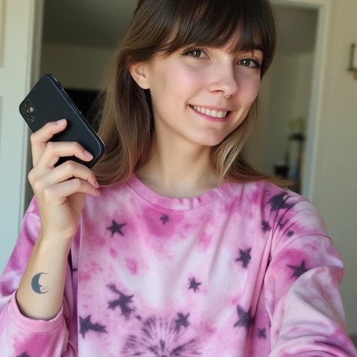 long-sleeved top with a tie-dye pattern in shades of pink, K41R0. The image is a high-resolution photograph of a young woman with a fair complexion and long, holding a black smartphone in her right hand. She has a tattoo of the phases of the moon (new moon, standing indoors. She has a slender, the fabric of which appears soft and slightly textured, wearing a black and white striped top and black high-heeled sandals. She has short, wearing a pale pink sports bra that is pulled down, K41R0. The image is a photograph of a young woman standing outdoors, with a fringe that covers her forehead. Her eyes are almond-shaped and are accentuated with bold