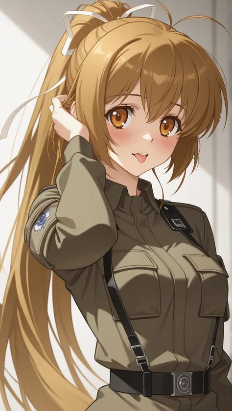 perfect quality, best quality, absolutely eye-catching, masterpiece, absurd res, ambient occlusion, raytracing, 1girl, solo, Katia, perky breasts, BDU, blush, teeth, tongue out, hand in hair