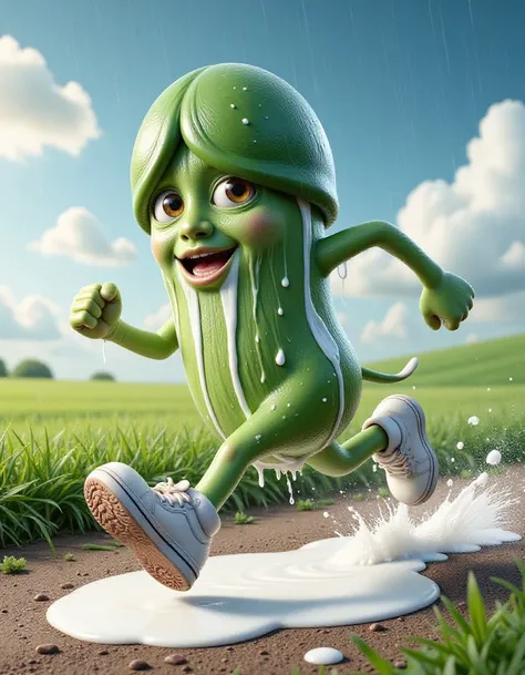 babel-bitos a cartoon penis cucumber character running through a puddle of milk in the rain, surrounded by lush green grass and a bright blue sky with white clouds. The character is wearing a pair of shoes and is covered in a thick layer of milk, giving th...