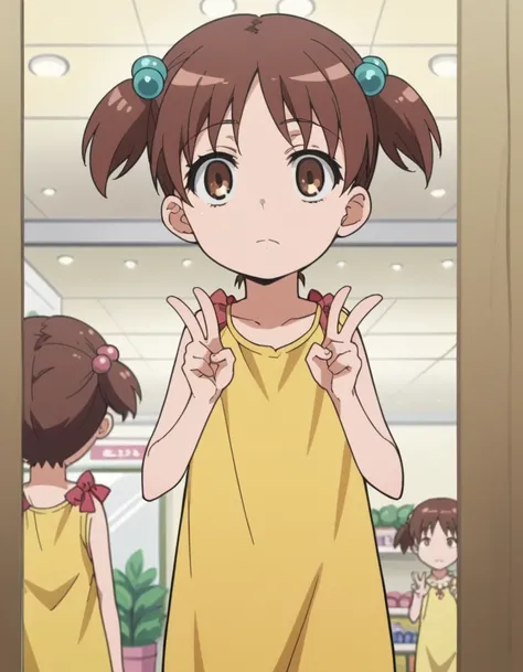 score_9, score_8_up, score_7_up, source_anime, <lora:kana-hazamaya-s1-ponyxl-lora-nochekaiser:1>, kana hazamaya, short hair, brown hair, hair ornament, twintails, brown eyes, hair bobbles, short twintails, child, anime screencap,, dress, sleeveless, yellow...