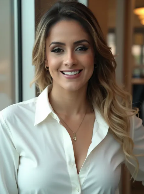 portrait of b4b1mu1z woman, posing on a office, glass window, serene and warm, natural lighting, soft focus, high-resolution, elegant and introspective atmosphere, quiet sophistication, wearing a white shirt all buttons closed, slight smile, makeup

