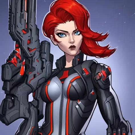 blue eyes, Natasha, holding gun, short red hair, black and red gloves, parted hair, , black wrists gauntlets, hair bang, black bodysuit, 1girl, long black high heel boots