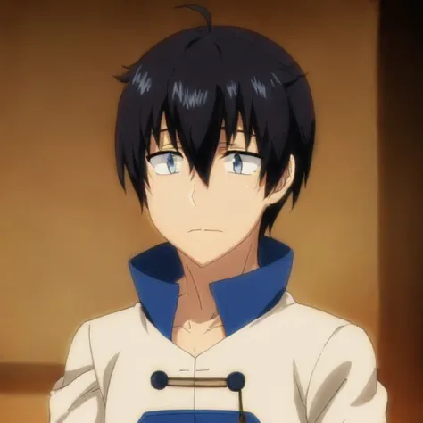 1boy , male , black hair , upper body , hair between eyes ,