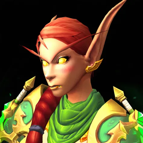 Score_9, score_8_up, score_7_up, score_6_up, Lilverra,Blood Elf, Red hair,Long elven ears, long eyebrows, Long braided ponytail hair, tied ponytail resting on shoulder, glowing golden yellow eyes, Green scarf, Gold and green metal shoulderpads, Green cryst...