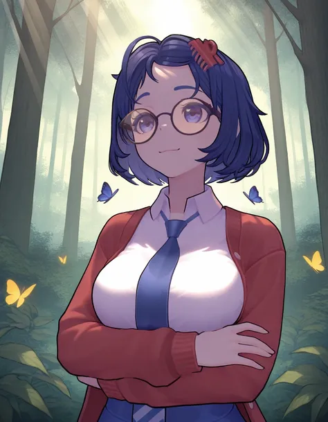 <lora:Mila_MISide:1>, MilaMS,round eyewear, outdoors, arms under breasts, red cardigan, white collared shirt, necktie, looking at butterfly,forest, sunlight, light rays, butterfly, happy, smile, detailed forest, blue hair, 
masterpiece, high quality, best ...