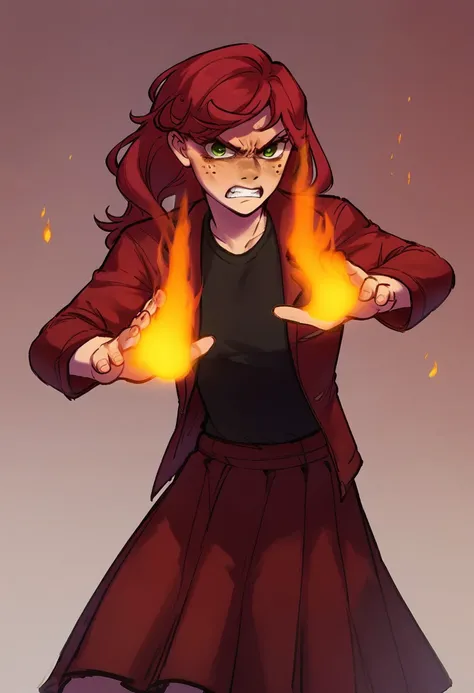 score_9, score_8_up, score_7_up, score_6_up, score_5_up, score_4_up, BREAK
1girl, solo, iris, red hair, freckles, green eyes, angry, skirt, fire in hands, full view, dynamic pose, black shirt, red jacket