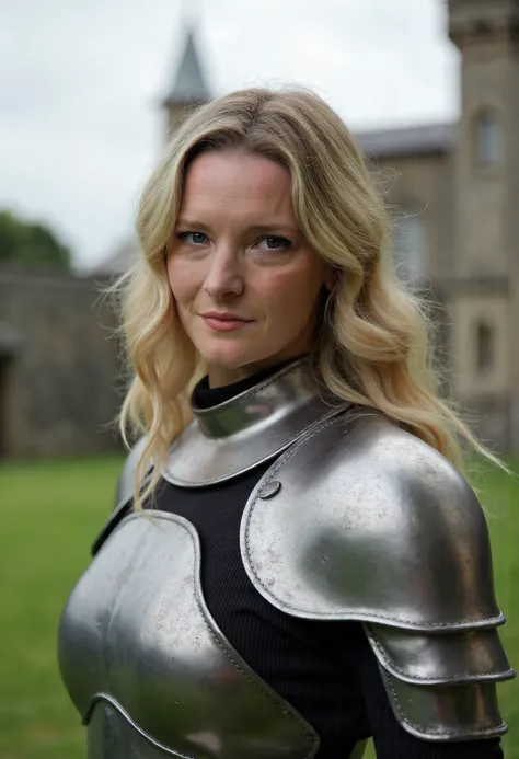 The image is a portrait of MorfyddClark woman posing for a photo ,She has blonde hair and blue eyes,She is wearing a medieval armor,She is outdoors near a castle. Upper body photo. She is looking at viewer. Amateur photography.