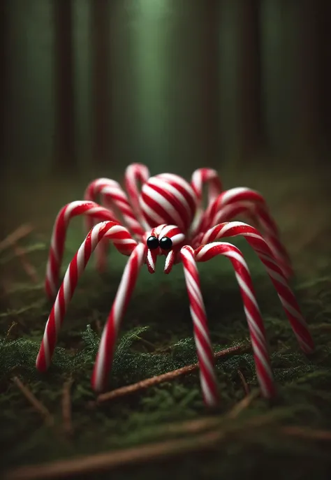 candy_style, 4k photography, wild nature, tiny spider made of candy cane, dark forest