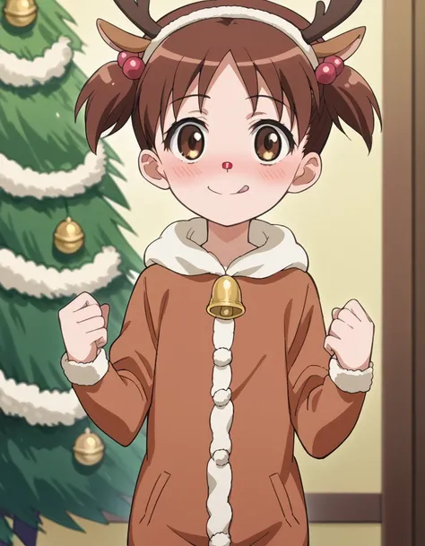 score_9, score_8_up, score_7_up, source_anime, <lora:kana-hazamaya-s1-ponyxl-lora-nochekaiser:1>, kana hazamaya, short hair, brown hair, hair ornament, twintails, brown eyes, hair bobbles, short twintails, child, anime screencap,, <lora:reindeer-costume-po...