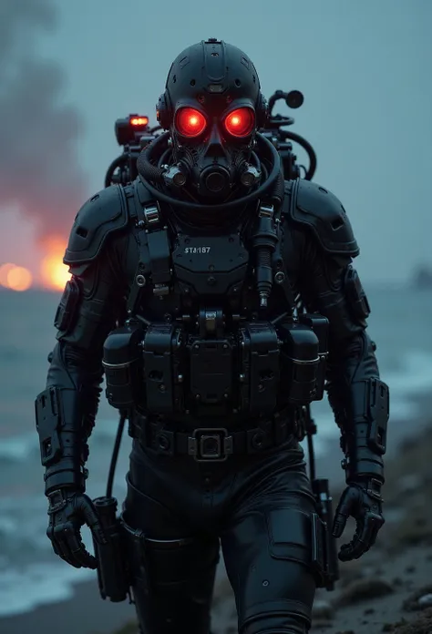 <lora:ck-skynet-V2-000016:1>, a_skynet_cyberdyne_craft, sleek futuristic cyborg combat diver wearing a dual mode diver mask with a mares backmount and scuba gear, full kit with magazine, intense red headlights that emit a menacing, otherworldly glow. backg...