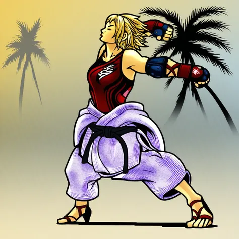 high heels, closed eyes, martial arts belt, bag, white hair, stretching, elbow pads, blonde hair, palm tree, full body, fingerless gloves